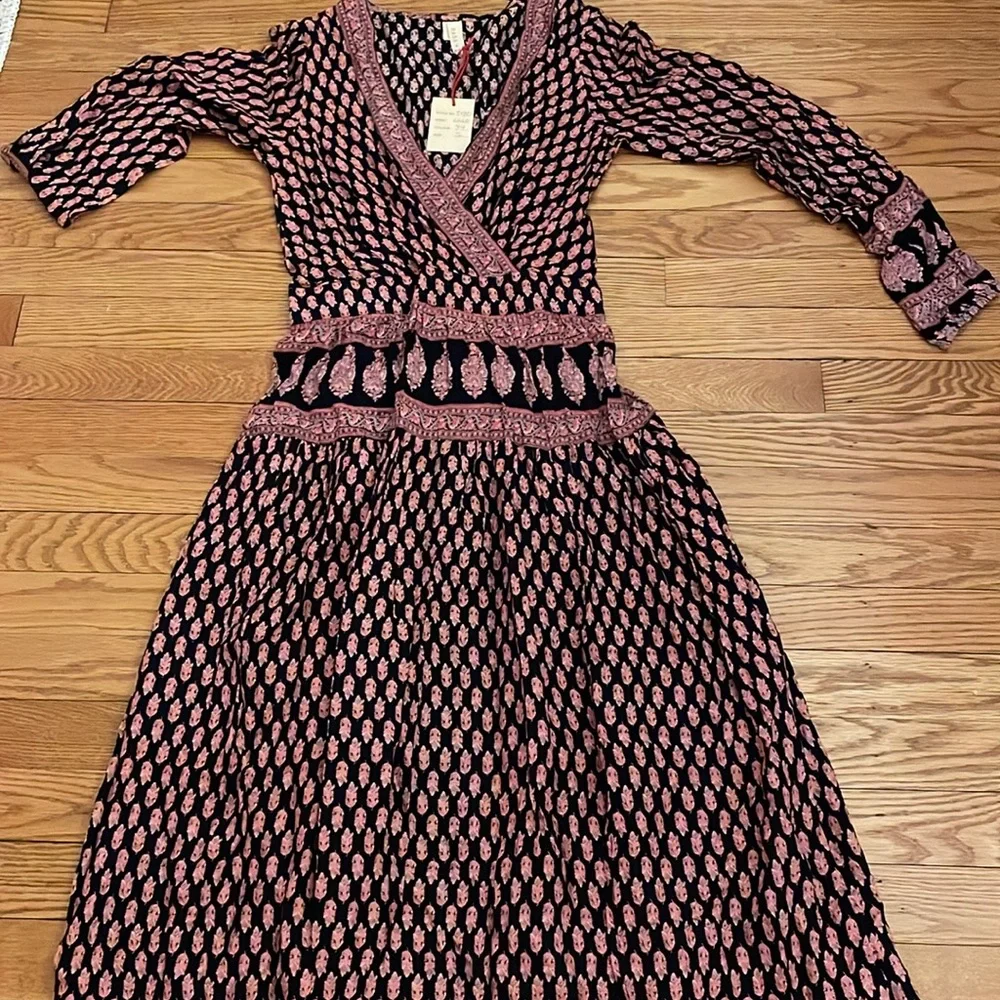 Raga Anthropologie Avah Geometric‎ Split Front Long Sleeve Boho Dress Small